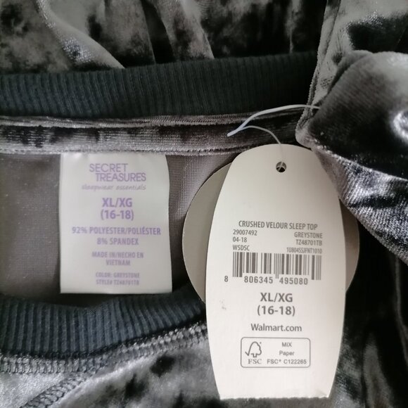 NWT Secret Treasure Womens Graystone Crushed Velour Sleep Top Size XL 16/18 - Picture 5 of 6